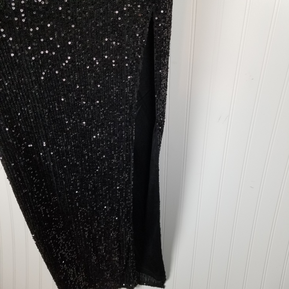 Maniju Halter Neck Sequin Side Slit Maxi Dress Black Prom Small NWT Style UN2132 - Picture 11 of 14